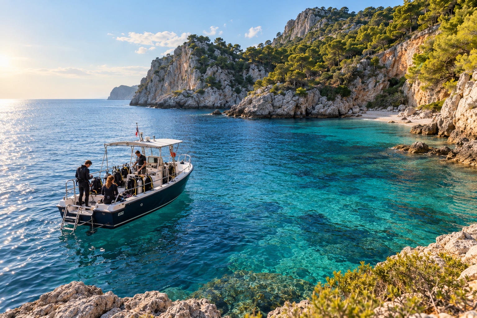 A dive boat in a sheltered turquoise cove