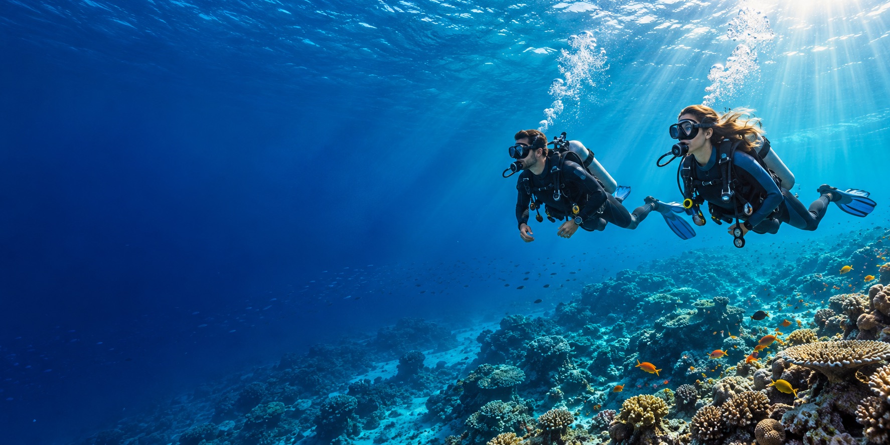 Two buddy divers exploring clear blue water above a reef