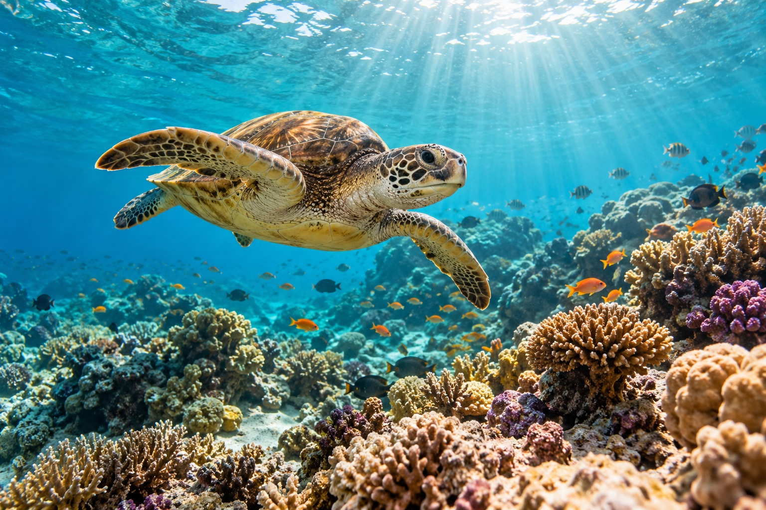 A sea turtle swimming above a colourful reef